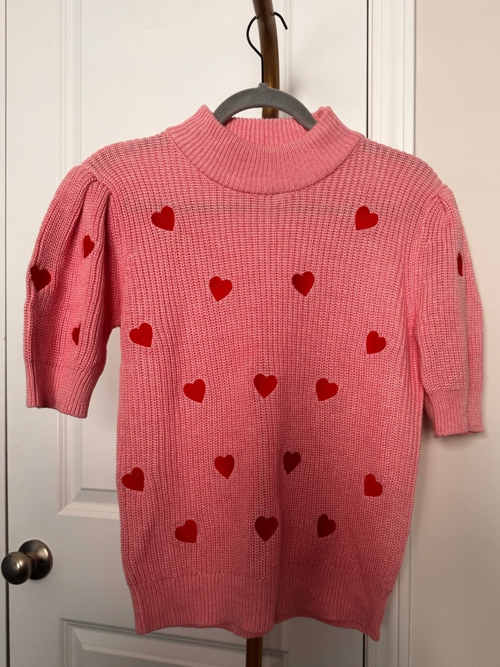 Fate Pink Heart Knit Short-Sleeve Sweater NWOT